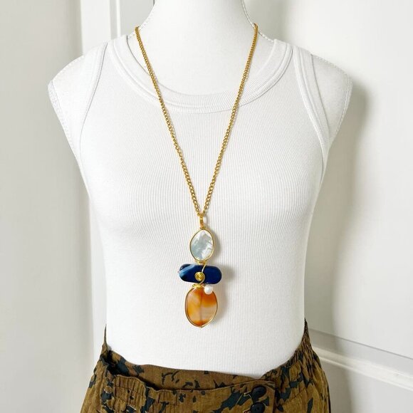 Artisan Pendant Gold-Tone Necklace- Sodalite, Blue Agate, Pearls & Carnelian - Picture 4 of 13